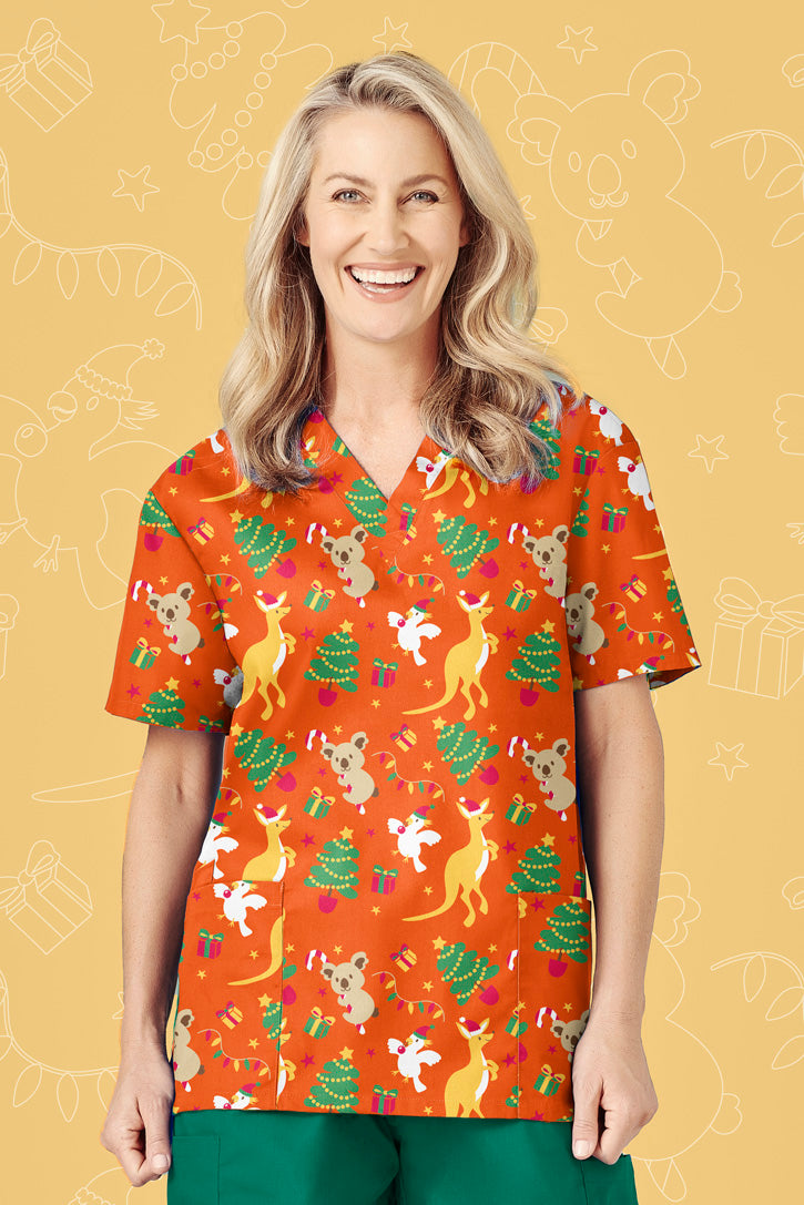 Biz Care Womens Christmas V-Neck Short Sleeve Scrub Top -(CST346LS)