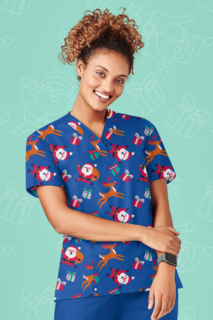 Biz Care Womens Christmas V-Neck Short Sleeve Scrub Top -(CST346LS)