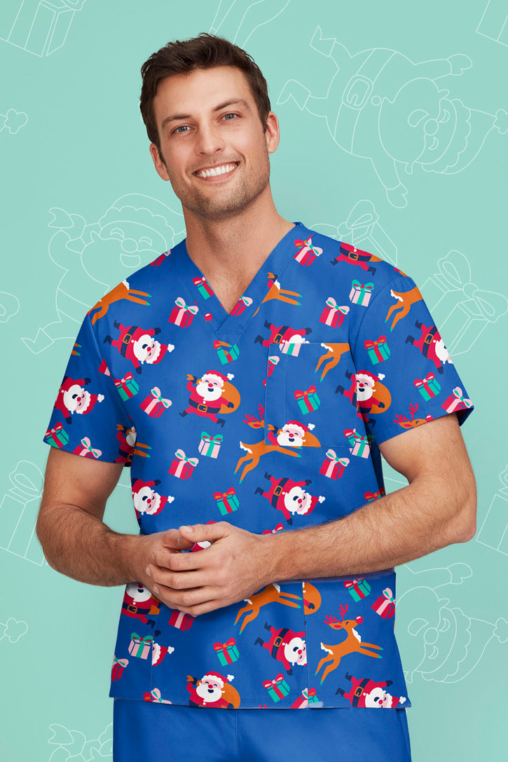 Biz Care Mens Christmas V-Neck Short Sleeve Scrub Top- (CST346MS)