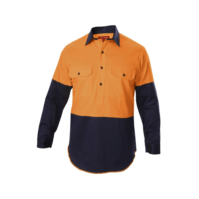 Hard Yakka Hi-visibility Two Tone Cotton Drill Closed Front Shirt With Gusset Long Sleeve (Y07984)